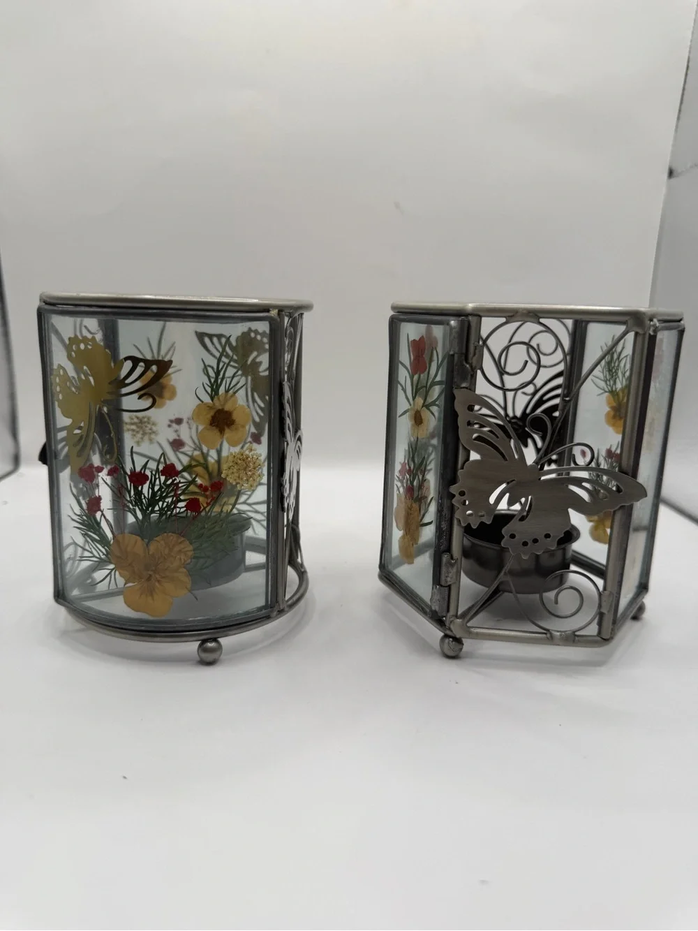 Pressed Flower Butterfly Glass Tealight Candle Holders Set of 2